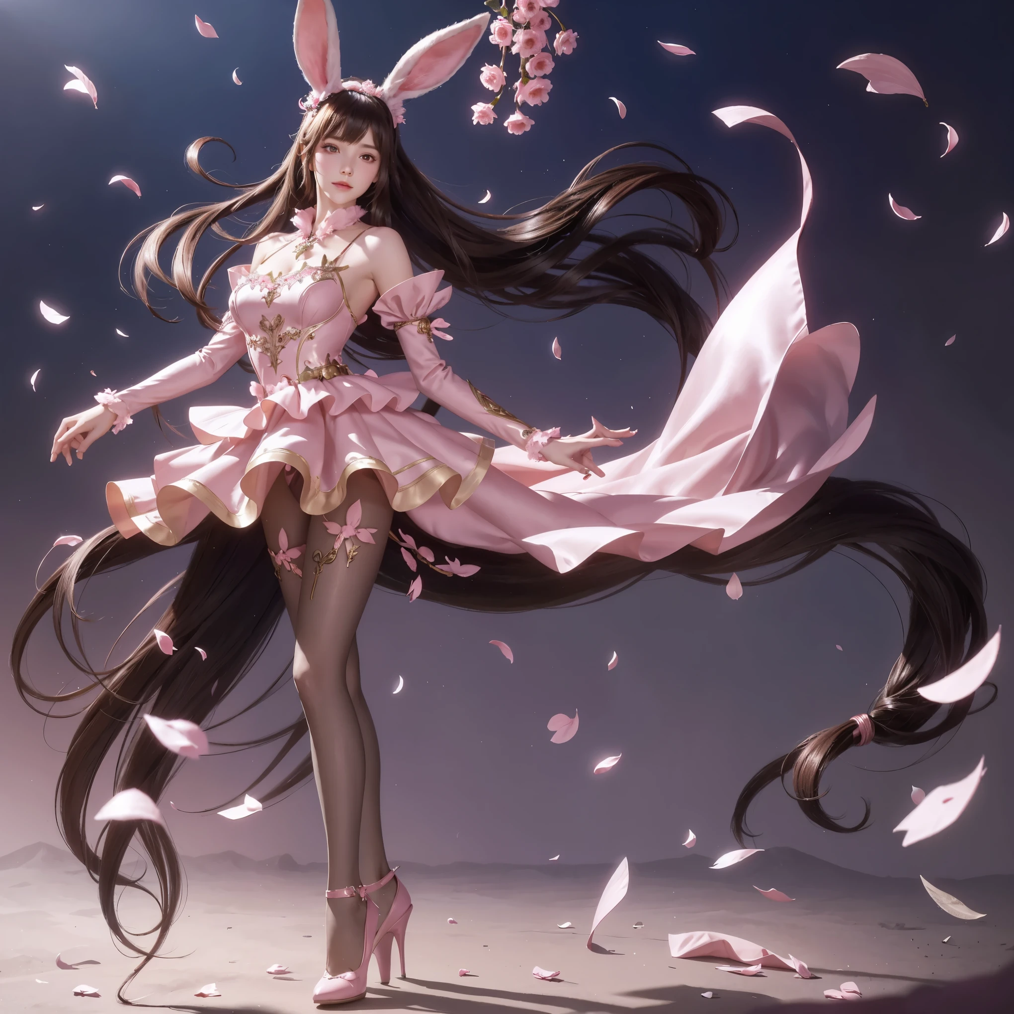 full body，1girl, solo, animal ears, rabbit ears, ponytail, petals, dress, falling petals, brown hair, pink dress, long hair, high heels, very long hair, metal collar, collar, breasts, bare shoulders, medium breasts, pantyhose, closed mouth, hair ornament, looking to the side