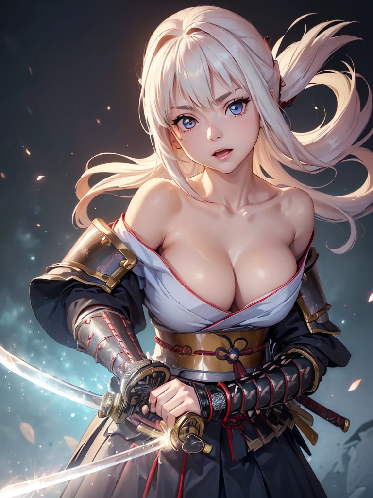 Very detailed CG Unity 8K wallpaper, Cute One lady, Mature Hair、lady ,beautiful lady, pale skin (Super masterpiece, Beautiful person, well detailed face polluted smile, Photorealistic, hyper realisitic), 
(Japan Samurai full Armor:1.5)、(samurai:1.5)、(Japan Pulling the sword out of its sheath:1.2)、(Holding the handle of a Japanese sword:1.6)
Japanese castle background、Portrait、Daytime、(The bright light from the front of her:1.7)、
(large breast :1.30)、(Glowing Skin:1.3)、
Detailed eyes、Big eyes、Open your mouth a little、Hide your arms、Very cute face、
Blonde、Long Hair、(Light blue glowing eyes:1.4)、Pink Lips、
((Off the shoulder、Shoulder Bare))、chest