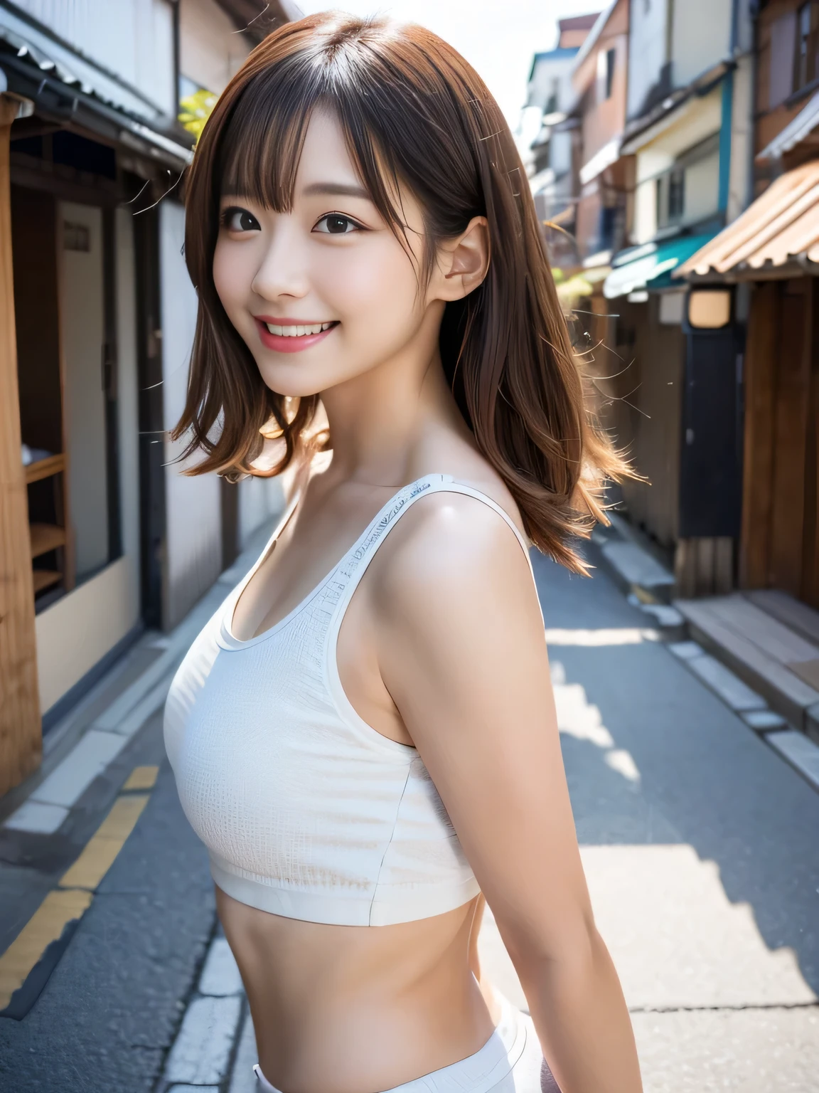 Tabletop、supreme beauty、Beautifully shaped breastasterpiece, 1 girl, solo、Tank top、detailed, Depth of written boundary, 135mm, Textured skin, Super Detail, high quality, Awards, 最high quality, High resolution, 8k, White skin,Koi brown hair、Random Hair、Cute face、Big smile、Adult beauty、Age 25、Per capita in Japan、Best image quality、超High resolution、8k、Dazzling sunlight、Delicate photo、Back alleys in the city、Realistic Background、Breeze
