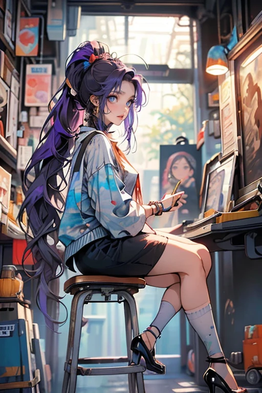 1lady,Beautiful College Student,girl painting, her gets dirty with paint,have a brush,purple hair and long hair,ponytail,casual clothing,black high-heels,in art studio,campus beauty, Painting,
colorful,easel,stool,Sitting on Stool, Focus on creating artwork