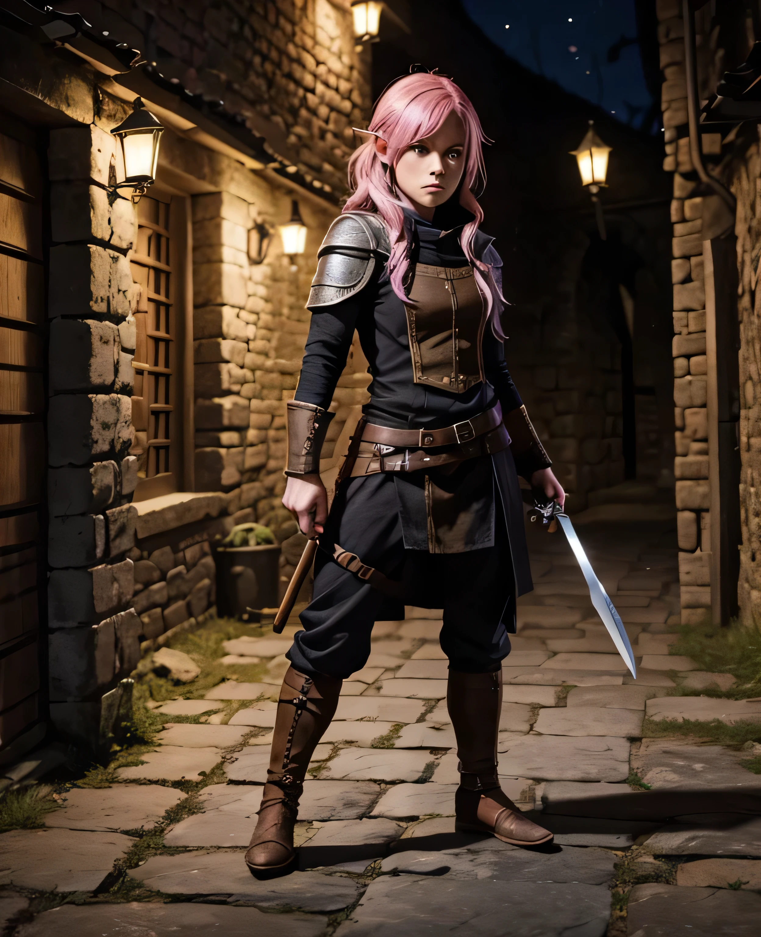 A full body drawing of a a character for a fantasy rpg medieval world. A small halfling rogue woman, with pink hair, black clothes, holding a small knife, at night, in a medieval village.