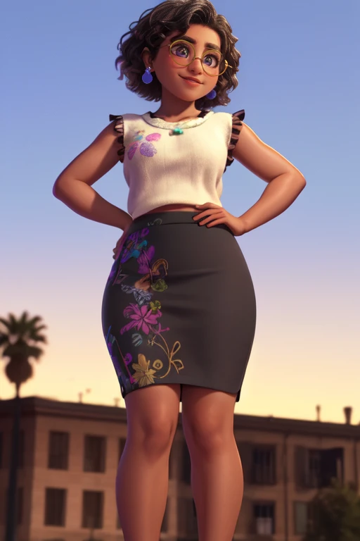 Mirabel Madrigal,  glasses, smile, ((Sleeveless sweater)), market background, (((pencil skirt))), (((dark skin))), detailed skin, PERFECT LEGS, A perfect hips, over low view 