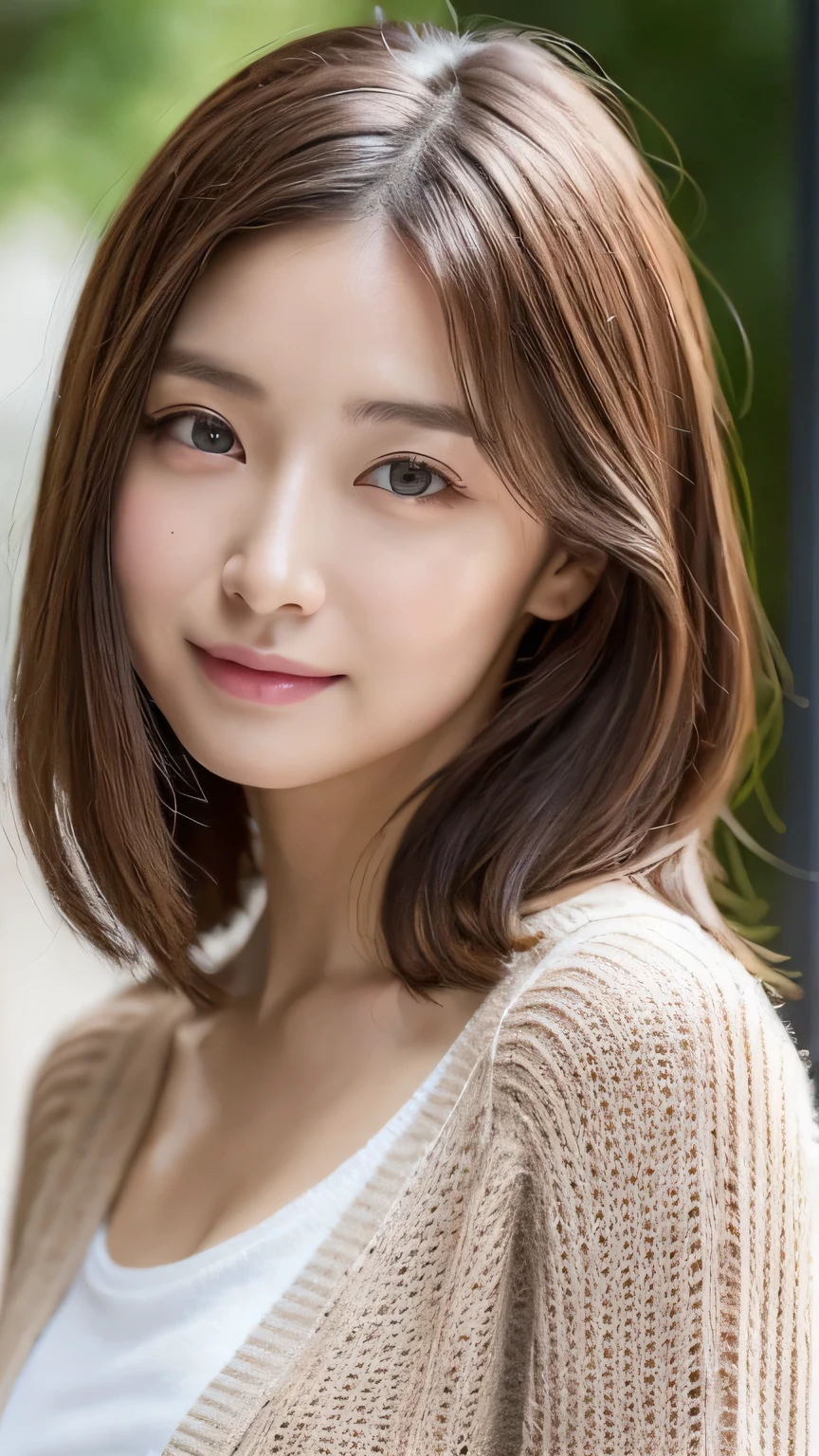 8k, highest quality, masterpiece, Realistic, Photorealistic, Ultra-detailed, Natural light, Highly detailed face and skin, Detailed eyes, Highly detailed face and skinの中間ショット, Beautiful woman staring at camera, Beautiful Face, Realistic Face, Detailed face, Beautiful hairstyle, Realistic eyes, Fine grain, Realistic Skin, Detailed skin, Beautiful Skin, Charm, Ultra-realistic, ((Sexy iridescent cardigan, kind, Brown Hair, Cute Japanese Girl, whole body,Dimples,))