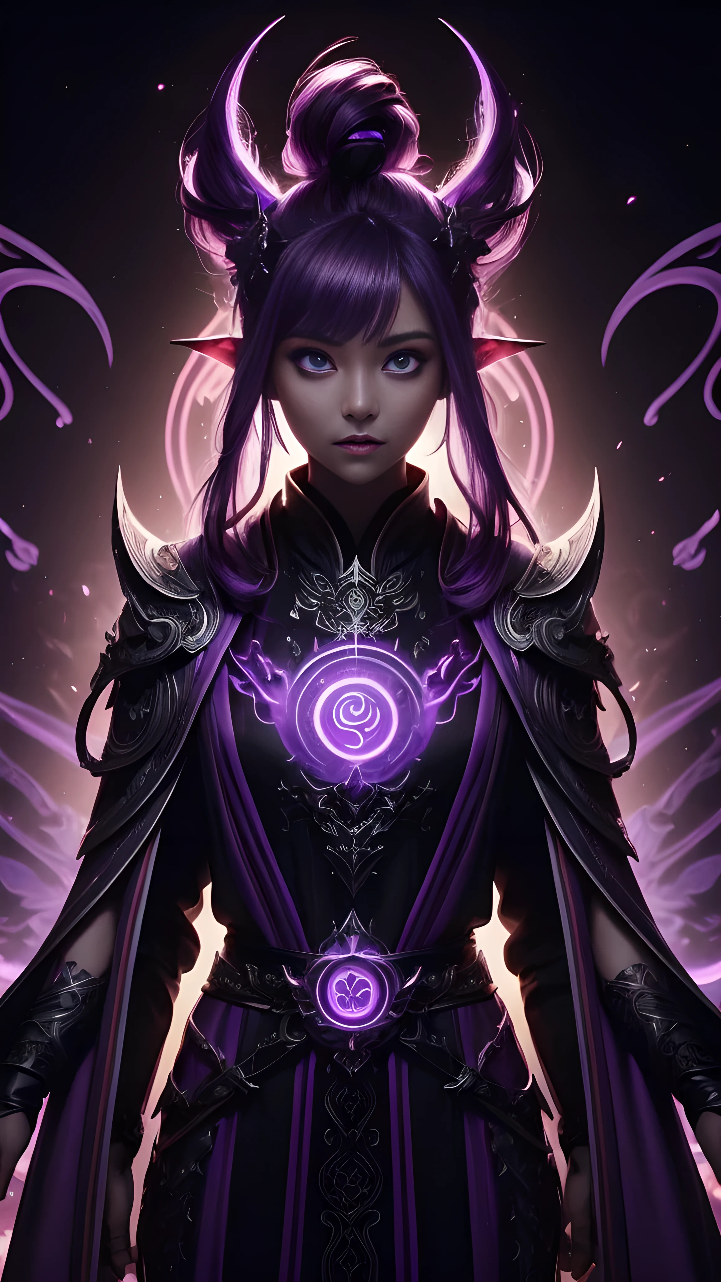 ((Upper Body)), best quality, masterpiece, a japanese woman ((Glowing purple hair)), ((Detailed dusky glow violet eye)), High Detail Goddess Soul, Focus on the role, Solitary, (Style Swirl Magic), Solitary, From the front, Front view, Looking at the audience, Delicate face, ((Glowing Lighting Magic Circle Theme)), perched on a ledge, Skinny neon body, Light streaks, Dark Abyss Wanderer Summary, ((Simple Glowing Neon Robe)), Carved with mysterious runes, Outdoor dystopian background, Pointed ears