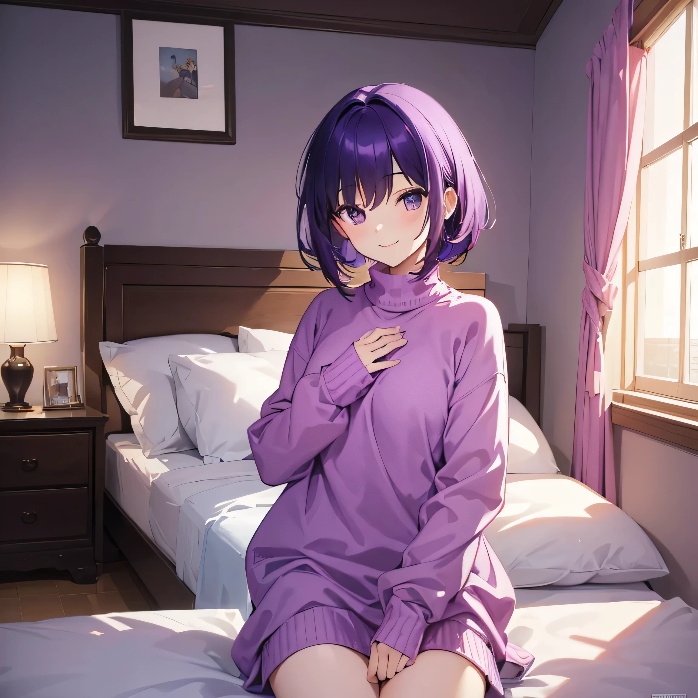 (T Masterpiece,4k wallpaper,Best Quality))、((girl1people))、(solo)、Bright and Brilliant,(Purple Hair)、(Shortcuts:1.3)、smile、Bedroom、sweater、morning