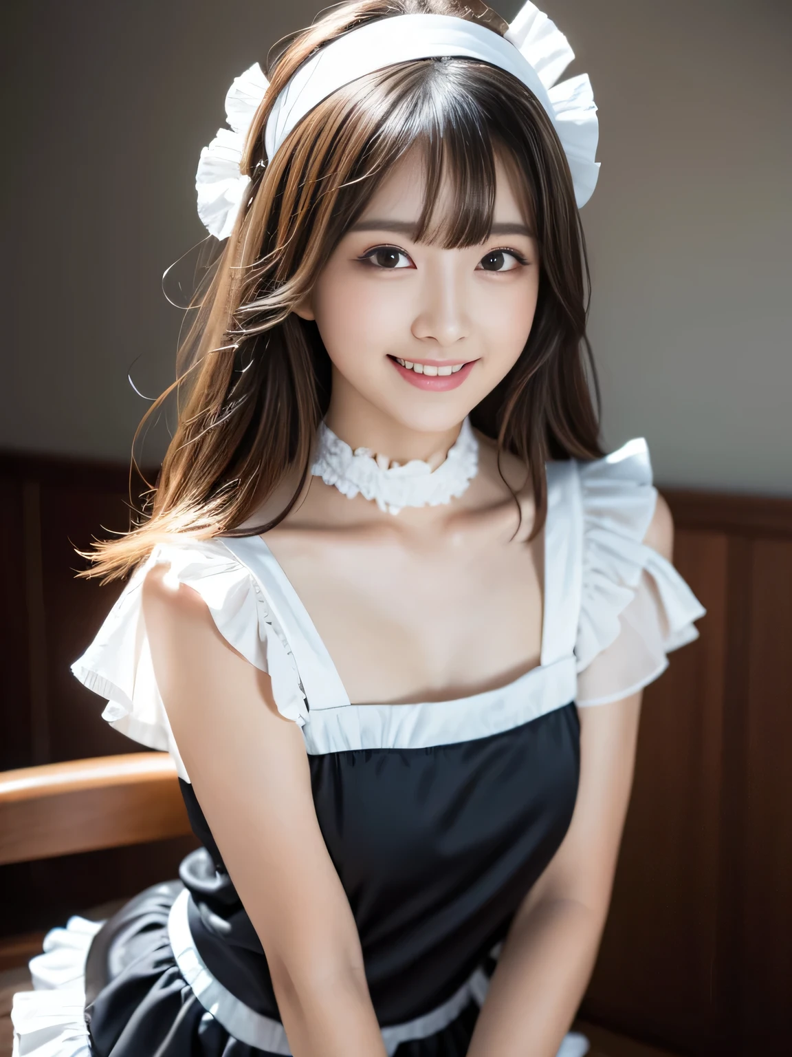 masterpiece、One girl per photo、Full Body Shot、Front view、Young and beautiful woman in Japan、Wearing a cute short-sleeved satin silver black maid outfit、With a big smile、White ruffled headband、White frilly apron、Black Choker、Charming person、Very cute face、Glossy Lips、Body covered in sweat、Double eyelids on both eyes、 Natural Makeup、Long eyelashes、Long Bob Hair、Shiny and smooth light brown hair、Asymmetrical bangs、Sunburned skin、Center image、8k resolution、Advanced Details、Detailed hairstyle、Detailed face、Great cinema lighting、Octane Rendering、Vibrant、Ultra-realistic、Perfect limbs、Perfect Anatomy、Huge
