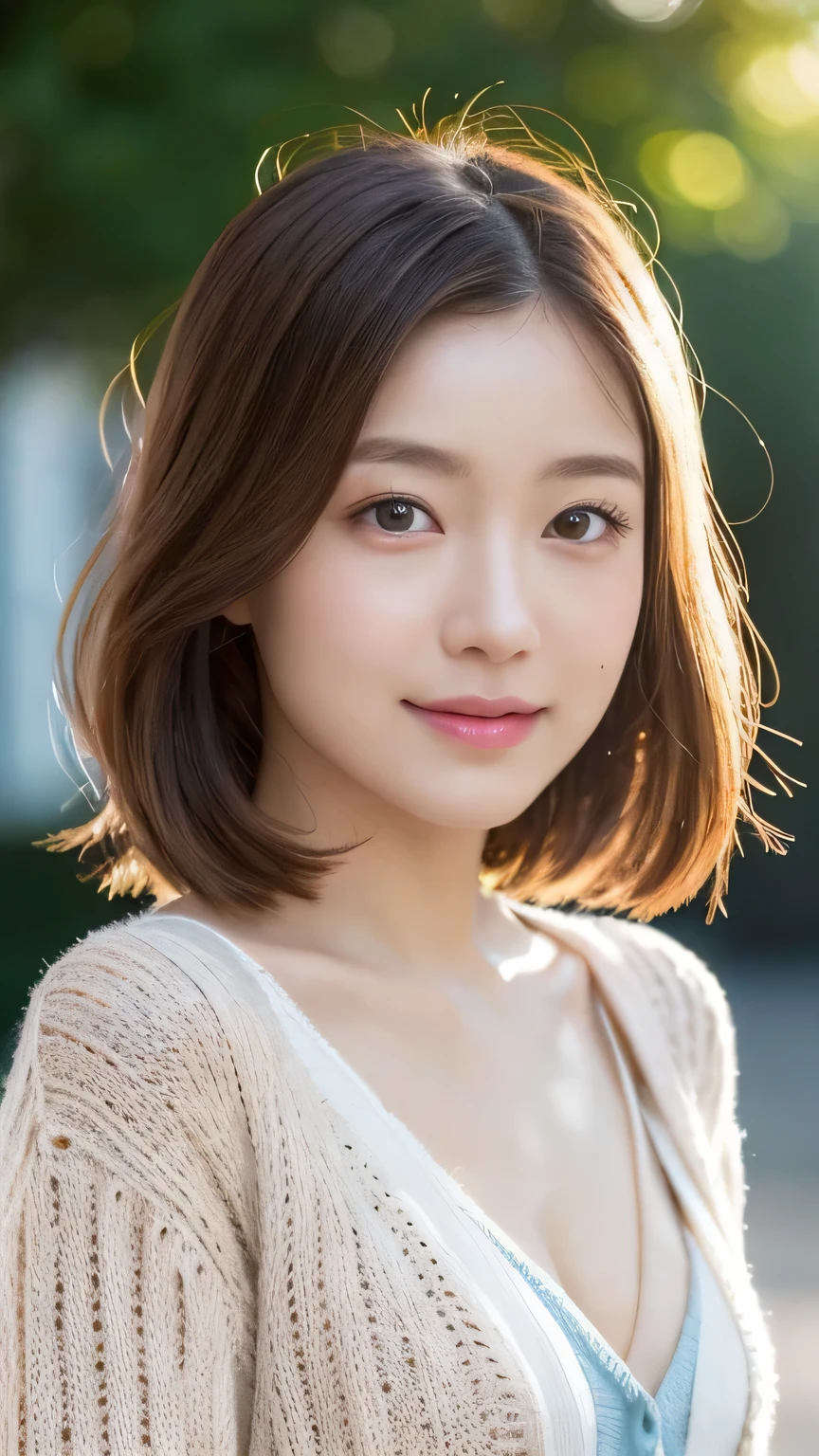 8k, highest quality, masterpiece, Realistic, Photorealistic, Ultra-detailed, Natural light, Highly detailed face and skin, Detailed eyes, Highly detailed face and skinの中間ショット, Beautiful woman staring at camera, Beautiful Face, Realistic Face, Detailed face, Beautiful hairstyle, Realistic eyes, Fine grain, Realistic Skin, Detailed skin, Beautiful Skin, Charm, Ultra-realistic, ((Sexy iridescent cardigan, kind, Brown Hair, Cute Japanese Girl, whole body,Dimples,))