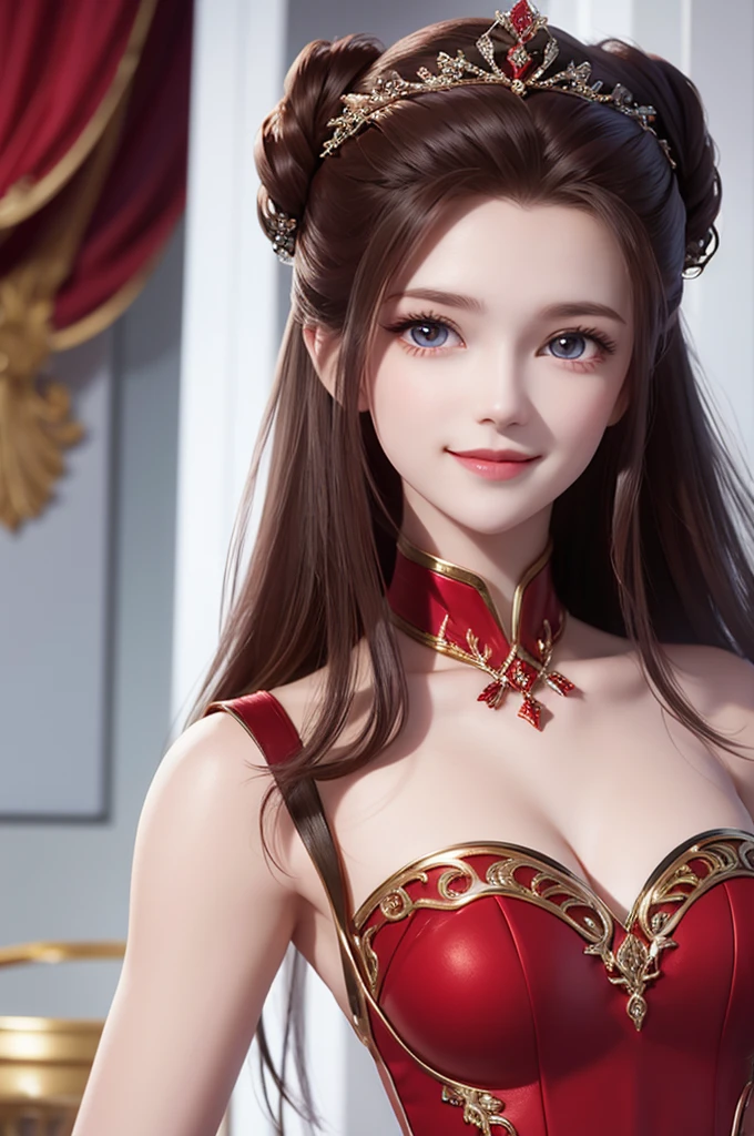 1woman, red suit, as queen, crown, smile, red eyes, white long hair,