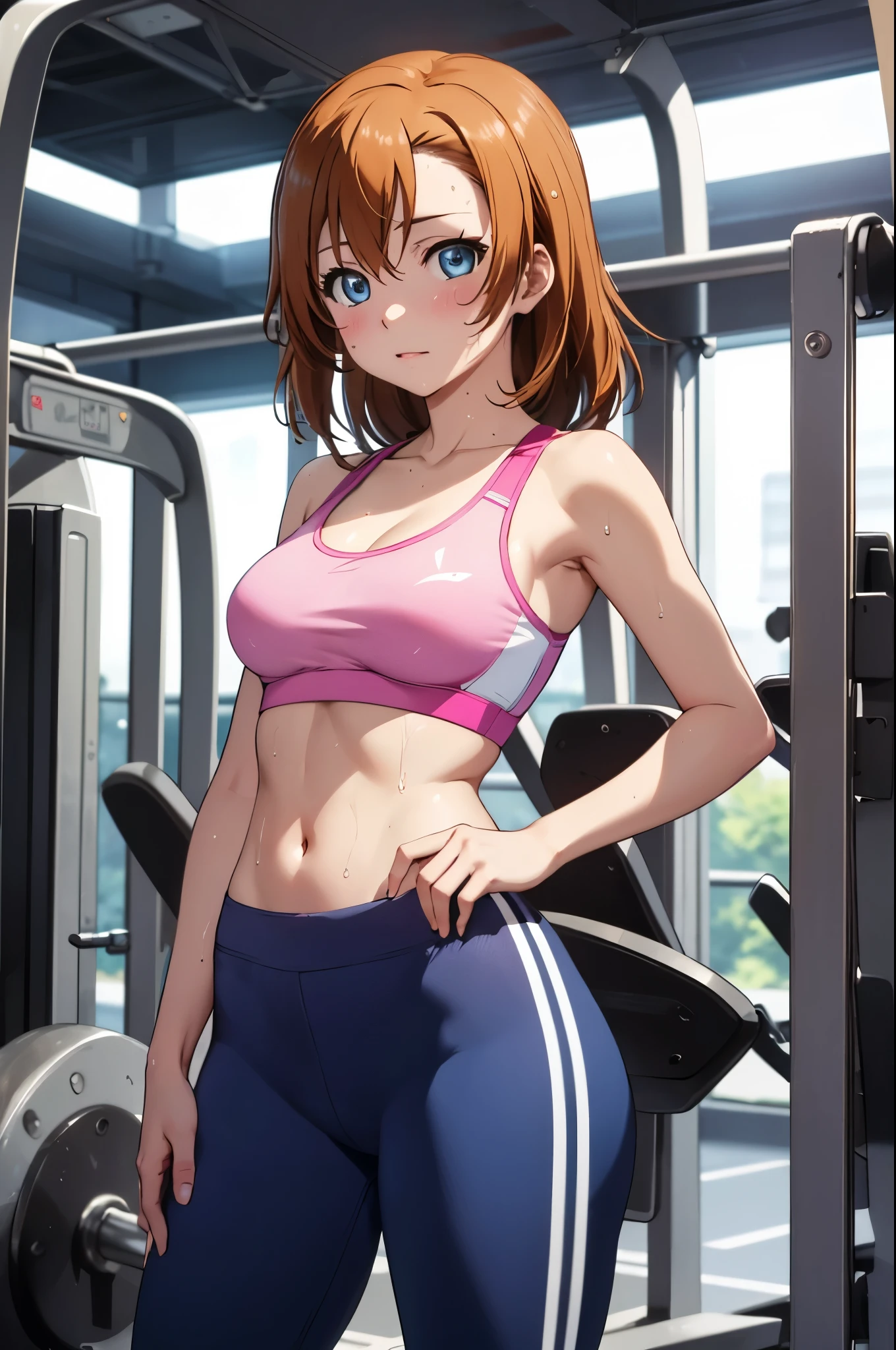 Kousaka honoka, blue eyes, pink skinny sweet pants, tight gym bra, sweating,sweat drops ,  (cleavage:0.7),unstyled hair,wet hair,yellow eyes,thicc legs, standing, posing for picture, groin lines