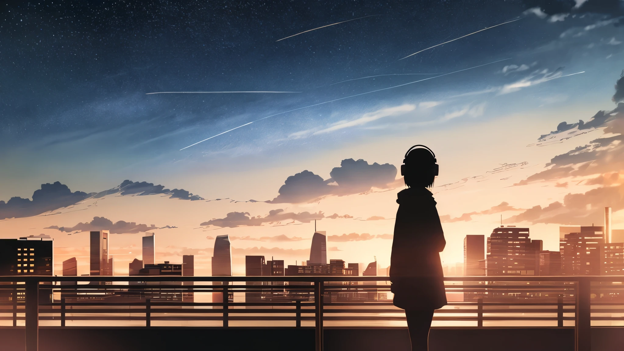 anime,silhouette,1girl, star (sky), cloud, headphone、Holding a cigarette in hand、cityscape, building, city, outdoors, skyscraper, city lights, night, night sky, sunset, skyline