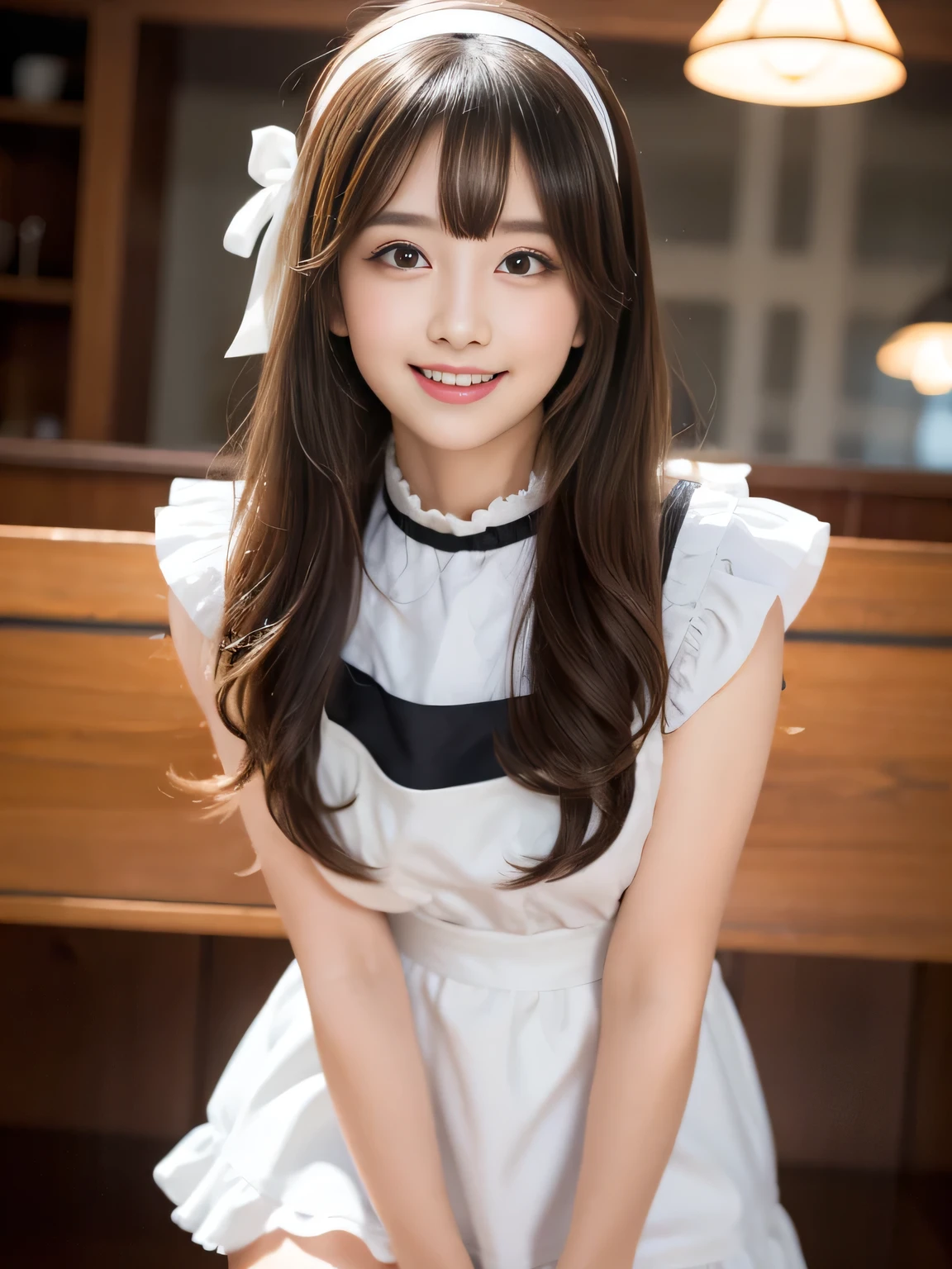 masterpiece、One girl per photo、Thighs、stockings、Full Body Shot、Front view、Young and beautiful woman in Japan、Wearing a cute short-sleeved satin silver black maid outfit、With a big smile、White ruffled headband、White frilly apron、Black Choker、Charming person、Very cute face、Glossy Lips、Body covered in sweat、Double eyelids on both eyes、 Natural Makeup、Long eyelashes、Long Bob Hair、Shiny and smooth light brown hair、Asymmetrical bangs、Sunburned skin、Center image、8k resolution、Advanced Details、Detailed hairstyle、Detailed face、Great cinema lighting、Octane Rendering、Vibrant、Ultra-realistic、Perfect limbs、Perfect Anatomy、Huge