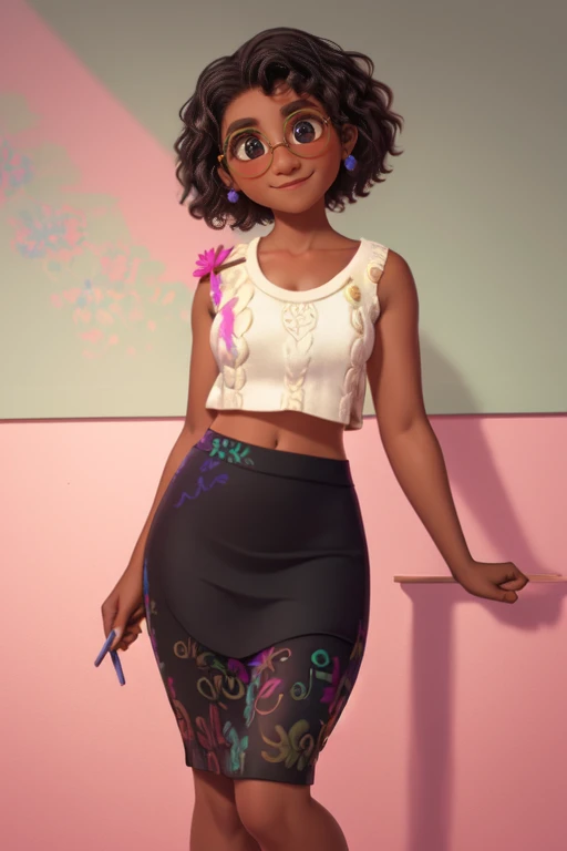 Mirabel Madrigal,  glasses, smile, ((Sleeveless sweater)), market background, (((pencil skirt))), (((dark skin))), detailed skin, PERFECT LEGS, A perfect hips, over low view, skirt lift, upskirt view, panties, cameltoe 