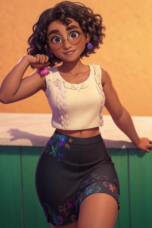 Mirabel Madrigal,  glasses, smile, ((Sleeveless sweater)), market background, (((pencil skirt))), (((dark skin))), detailed skin, PERFECT LEGS, A perfect hips, over low view, skirt lift, upskirt view, panties, cameltoe, spread legs, 