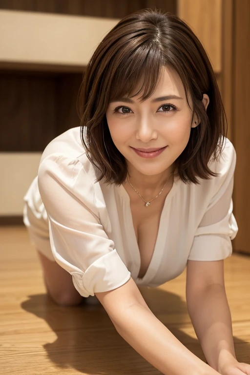 8k, highest quality, masterpiece, Realistic, Photorealistic, Very detailed, Natural light, 1 Japanese female, 40 years old, Slightly brown-haired, short hair, White y-shirt, (Leaning forward to look into the camera on the floor), Detailed bending forward, On all fours, mini skirt, Underwear and a shirt, , Detailed open neckline shirt, I can see her cleavage, A refreshing smile, Friendly smile, Happy emotion smiley face, Very detailedな顔と肌, Very detailedな目, Very detailedな顔と肌, Very detailedな笑顔,