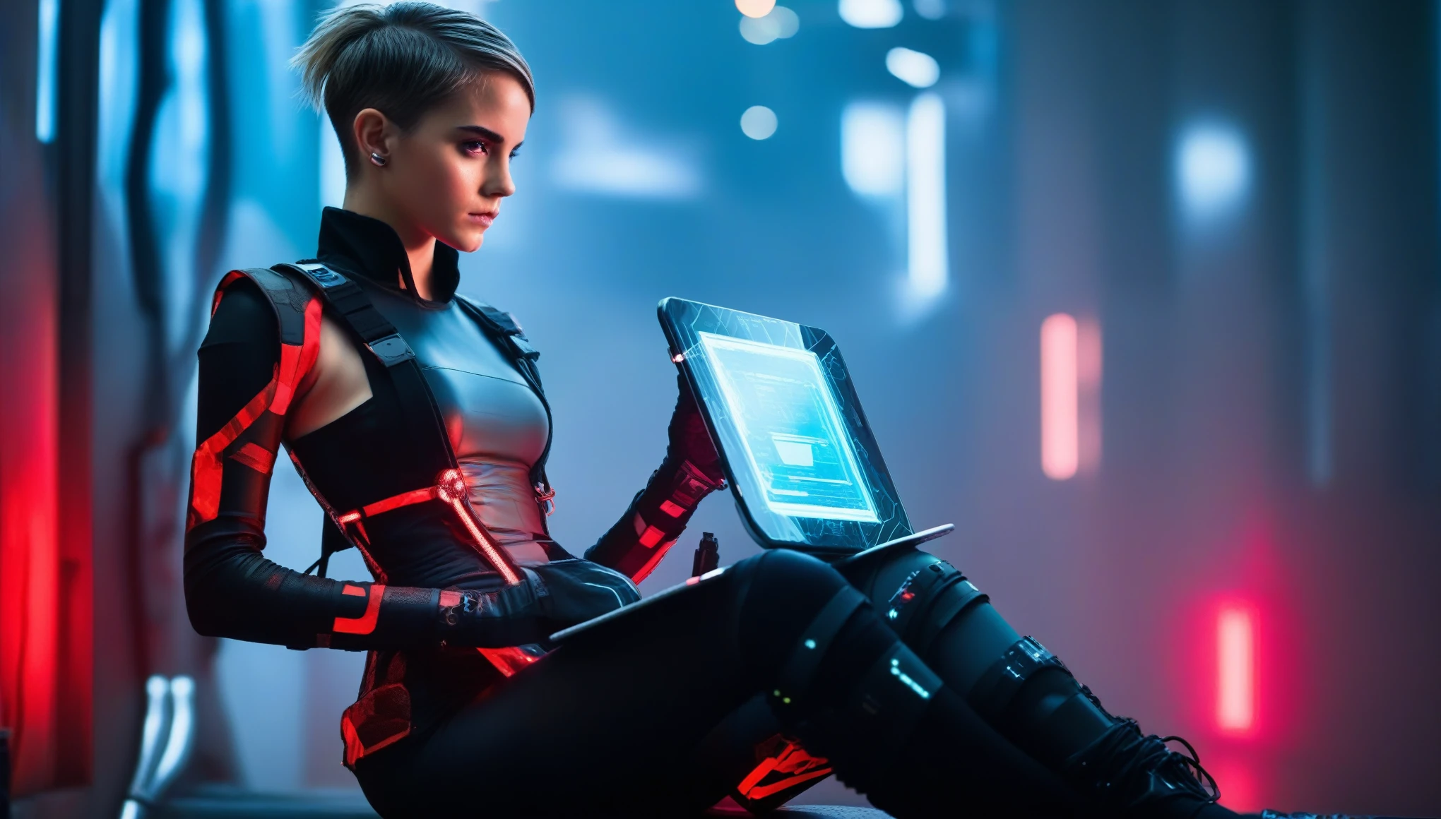 A young female hacker sitting in a cyberpunk hackerspace with large windows in a cyberpunk metropolis facing the viewer, right arm resting on her waist, left arm held forward holding a transparent smart tablet, short silverwhite undercut haircut, immaculate skin, thoughtful look on her face, sweat on her skin, full lips, small breasts, legs crossed, fullbody black and red skintight cyberpunk underarmor with intricate hexagon pattern, synthetic utility vest with attached wearable computer, black leather utility belt with multimeter and some probes attached, thigh high black latex boots, cutoff gloves, no makeup, natural fingernails, emma watson, edgFut_clothing, neons, electric circuits