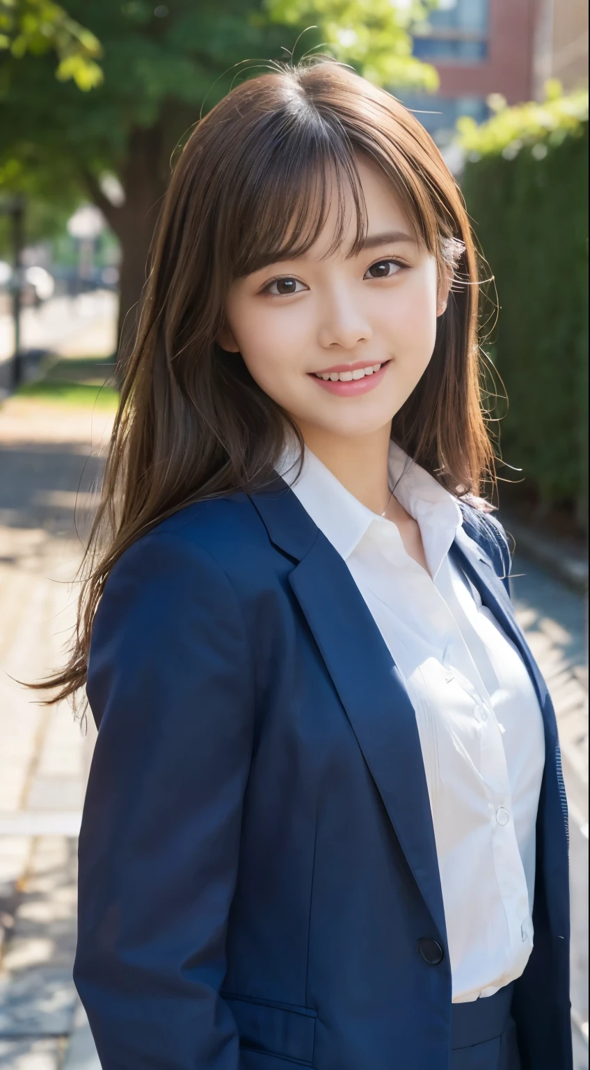 (highest quality,8K quality,masterpiece:1.3),(Ultra-high resolution,Photorealistic:1.4,RAW Photos),(Very detailed,Caustics,Detailed Background),(Ultra-Realistic Capture,Beautiful and detailed skin,Perfect Anatomy),high school student、School building,Schoolyard,18-year-old,cute,single eyelid,School Blazer Uniform,Looking at the camera,Laughter,Bust up shot,Natural soft light