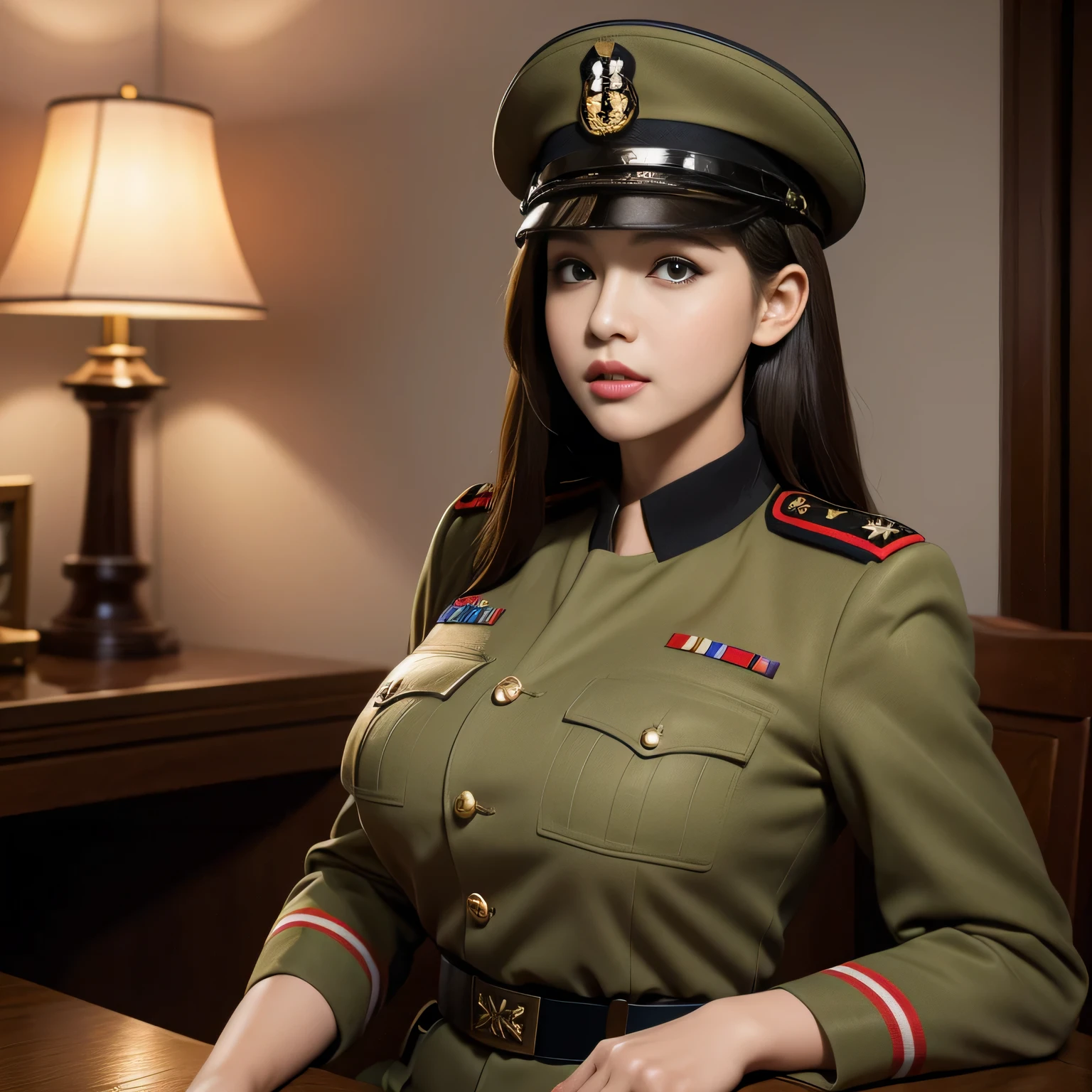 RAW, Best quality, high resolution, masterpiece: 1.3), Beautiful busty brunette in uniform (iu:0.8), Best quality, high resolution, Masterpiece: 1.3, Beautiful busty brunette, Masterpiece, Sultry expression, Realistic, 1girl, Curvy figure, voluptuous, Detailed uniform, pristine and crisp, Military theme, badge visible, High-definition textures and details, Luscious lips, alluring gaze, Uniform cap with polished shine, Detailed boots, belt and rank insignia, Bustle forming part of the