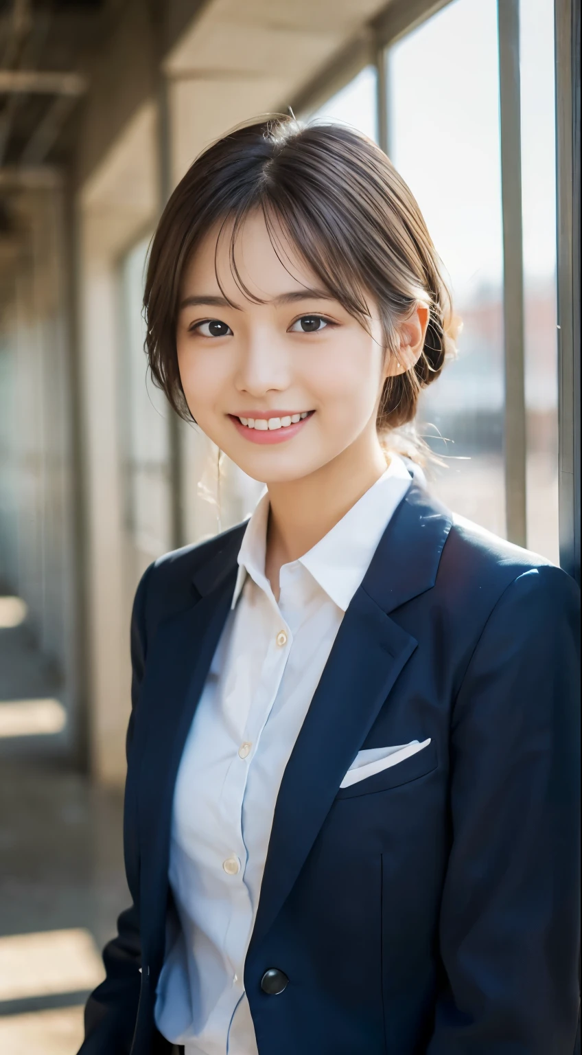 (highest quality,8K quality,masterpiece:1.3),(Ultra-high resolution,Photorealistic:1.4,RAW Photos),(Very detailed,Caustics,Detailed Background),(Ultra-Realistic Capture,Beautiful and detailed skin,Perfect Anatomy),high school student、School building,Schoolyard,18-year-old,cute,single eyelid,School Blazer Uniform,Looking at the camera,Laughter,Bust up shot,Natural soft light