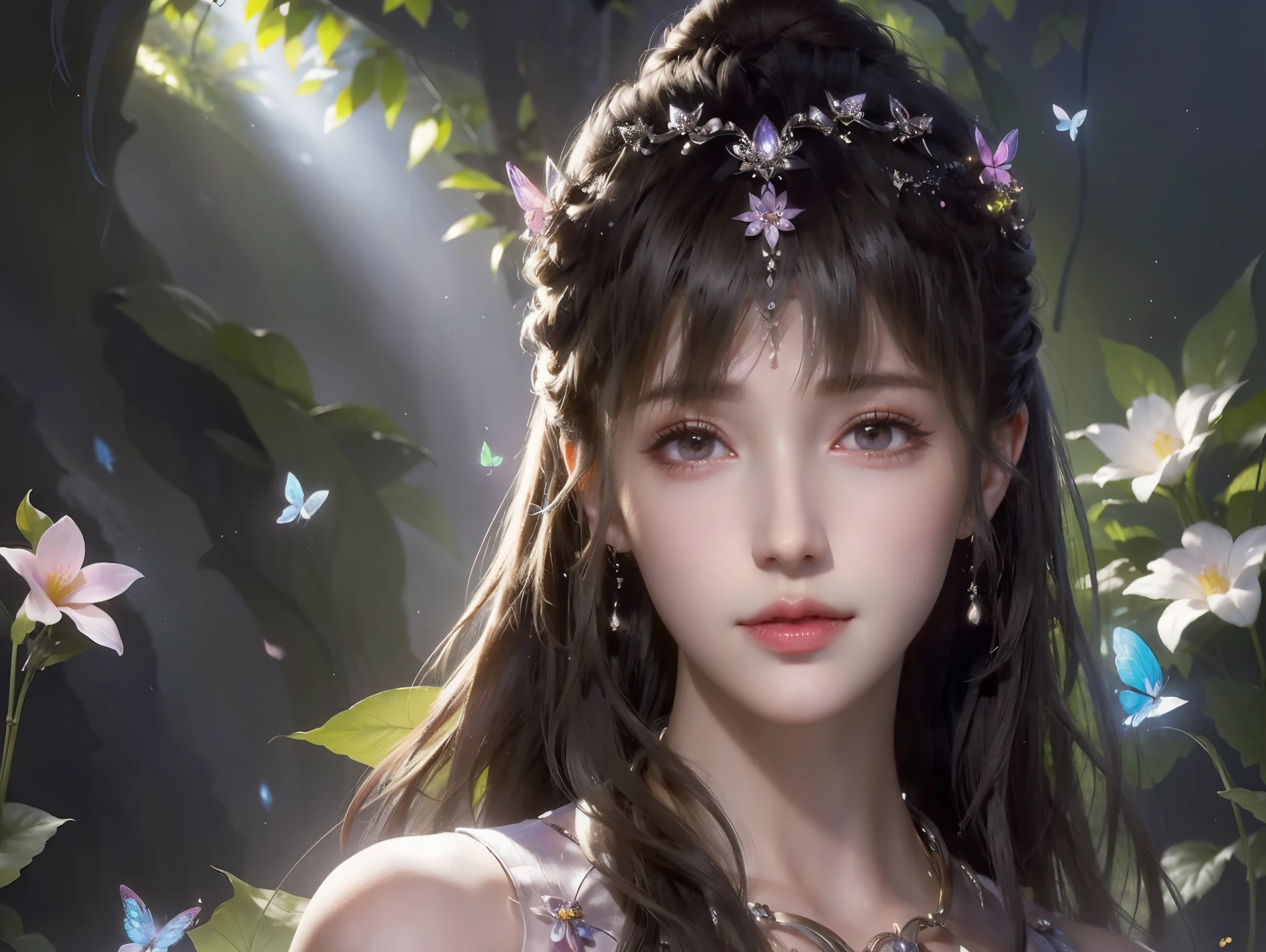 portrait of a beautiful woman in a lush garden with vibrant flowers and a colorful butterfly. The woman has porcelain skin with intricate texture and flawless complexion. Her eyes are mesmerizing, with radiant colors and long eyelashes that enhance their beauty. She has well-defined eyebrows and delicately curved lips that are perfectly accentuated. The sunlight casts a soft, warm glow on her face, adding depth and dimension to her features. She is wearing an elegant dress that flows gracefully around her, highlighting her graceful silhouette. The garden is filled with blooming flowers of various colors, creating a picturesque backdrop. The scene is captured with hyper HD resolution, showcasing every minute detail with stunning clarity. The image is of the highest quality, offering an immersive experience with its 8K resolution. The overall aesthetic has a realistic and photorealistic style, emphasizing the natural beauty of the subject and the surrounding environment. The color palette is vibrant and vivid, with a harmonious combination of hues that further enhance the visual appeal. The lighting is soft and diffused, creating a dreamlike atmosphere and emphasizing the enchanting beauty of the scene. This artwork is a masterpiece in terms of its precision, craftsmanship, and attention to detail. It is a true celebration of beauty and nature, inviting the viewer to immerse themselves in its captivating charm.