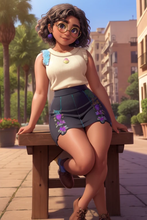 Mirabel Madrigal,  glasses, smile, ((Sleeveless sweater)), market background, (((pencil skirt))), (((dark skin))), detailed skin, PERFECT LEGS, A perfect hips, over low view, skirt lift, upskirt view, panties, cameltoe, spread legs, sitting on a bench 