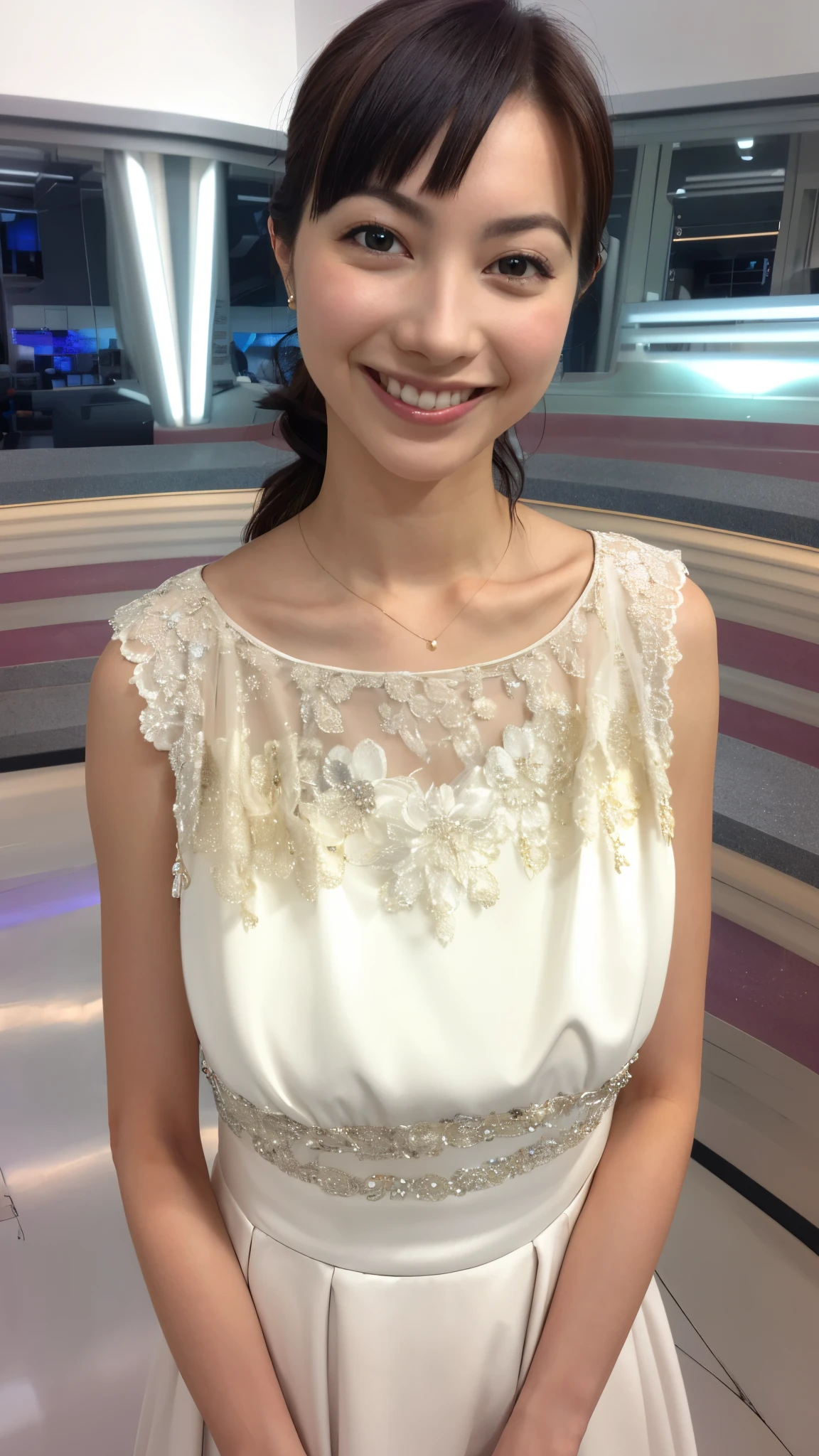 One girl,(Wearing a sparkling sleeveless evening dress),(RAW Photos, highest quality), (Realistic, photo-Realistic:1.4), masterpiece, Very delicate and beautiful, Very detailed, 2k wallpaper, wonderful, In detail, Very detailed CG unity 8k wallpaper, Very detailedな, High resolution, Soft Light, Beautiful detailed girl, Very detailed eyes and face, Beautifully detailed nose, Beautiful fine details,Cinema Lighting,City lights at night,Perfect ???????,Slender body,smile