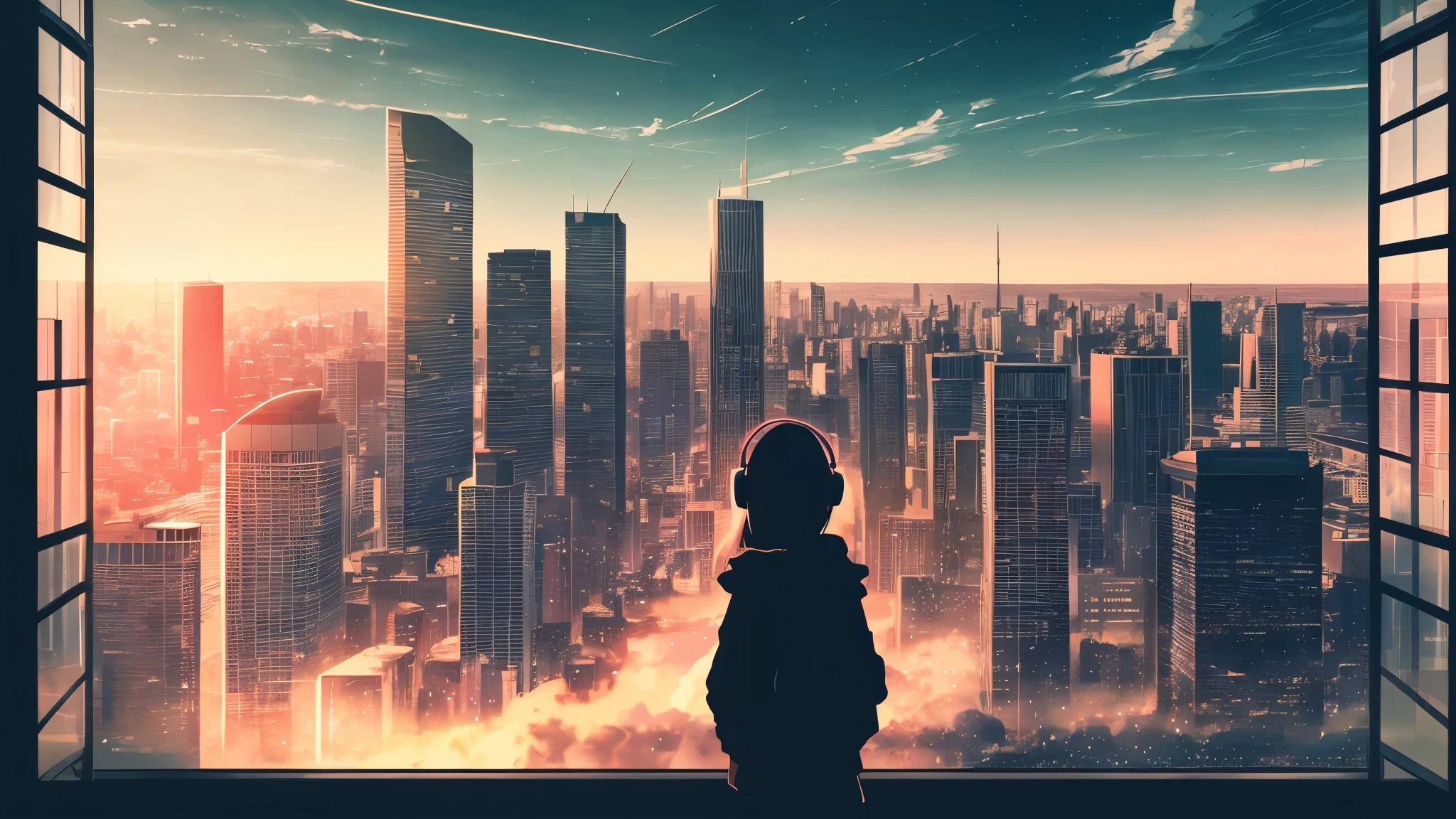 anime,silhouette,1girl, star (sky), cloud, headphone、big window 、cityscape, building, city, outdoors, skyscraper, city lights, night, night sky, sunset, skyline