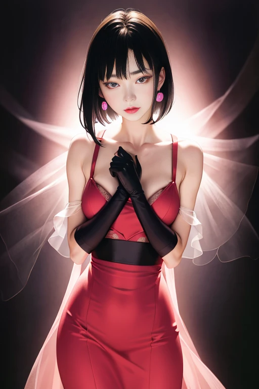 tsuruta ichiro, I narrowed my eyes., One Girl, all back、short hair、amount、Unintentional、Black Hairの、Tuck Hair Solo, Cowgirl, one piece,  ((Medium chest)),  Long, narrow eyes、Iris, Light shines in the eyes、Black Hair, gloves, dress,  Fine Jewelry, Earrings, Sharp Eye、 Elbow Groove,Please put your hands up and tie your hair back., Random Color, Random Color dress,  Makeup for the long term, Narrow eyes、lipstick, Intricate petal pattern, Rim Light, Backlight, pastel colour,Studio Lighting