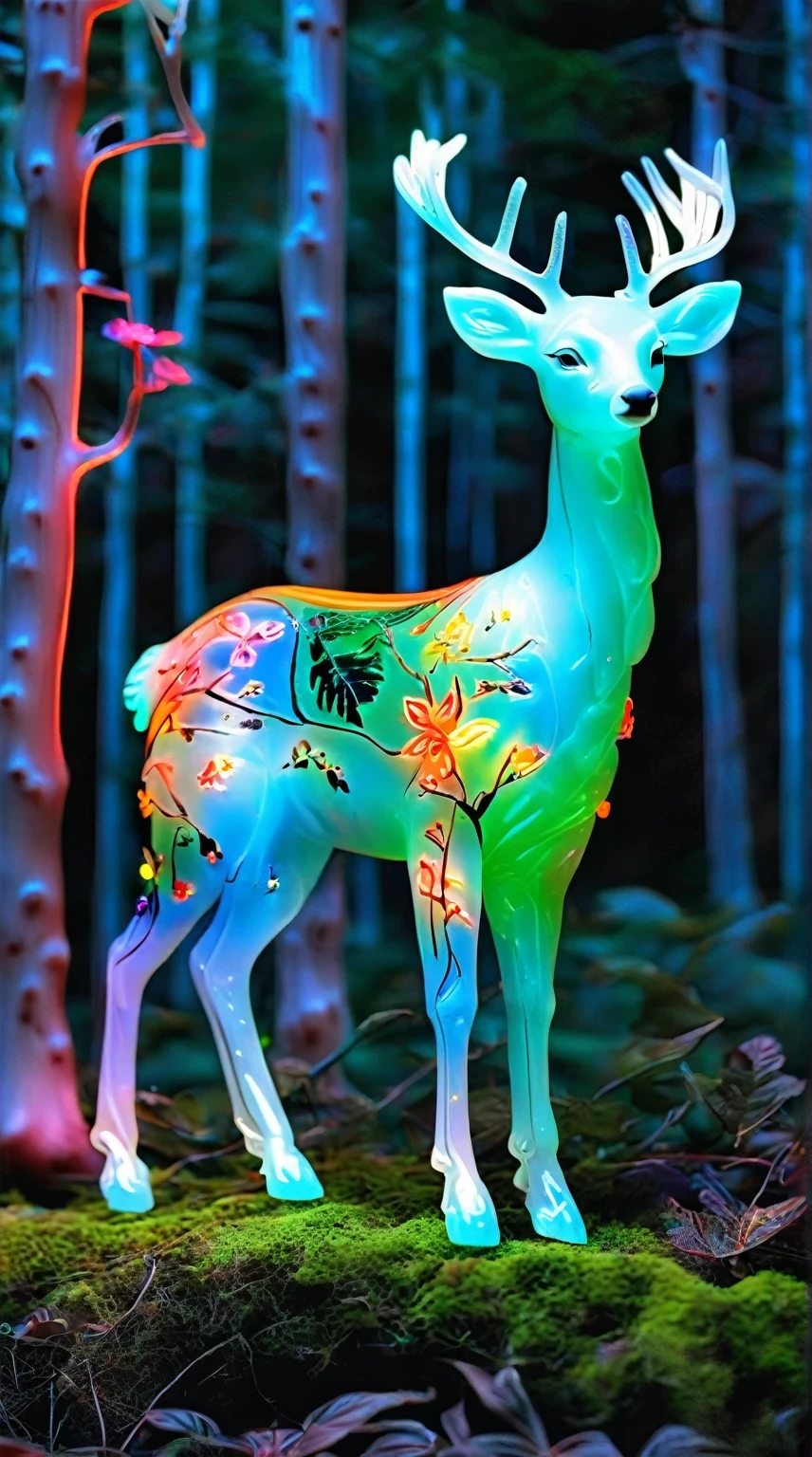 Art  jade doll，
A deer with colorful neon lights in the forest, full body, photo realistic --ar 3:4