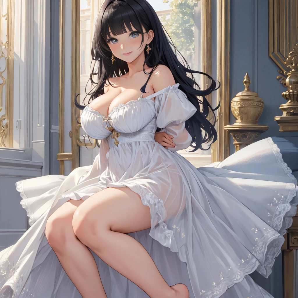 masterpiece, best quality, ultra detailed, highres, extremely detailed CG unity 8k wallpaper, perfect lighting、beautiful and aesthetic,sharp focus, perfect face, Perfect hands、Perfect Fingers、Perfect toes、Five fingers、、highest quality、Woman 1
Black Hair、Blunt bangs、blue eyes、Sparkling eyes、extremely big eyes、smile、blush、negligee、Face close-up、Off the shoulder、(Large Breasts:1.3)、(Hide your arms behind your back:1.3)