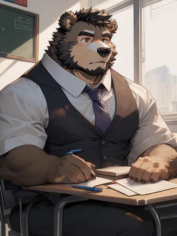 (Super detailed),High Detail,high quality,high resolution,16K,Stay focused,(Delicate brown eyes),hairy,Watch directly,(Black and white fur),black beard,Black Hair,human nature(Bear:1.3),male,Middle-aged people,muscular ,(?????? bulge),(Messy 1.4),(best quality), (masterpiece),close up,Majestic appearance,Overlooking,(Brown fur:1.3),(teacher),(cross:1.3),classroom