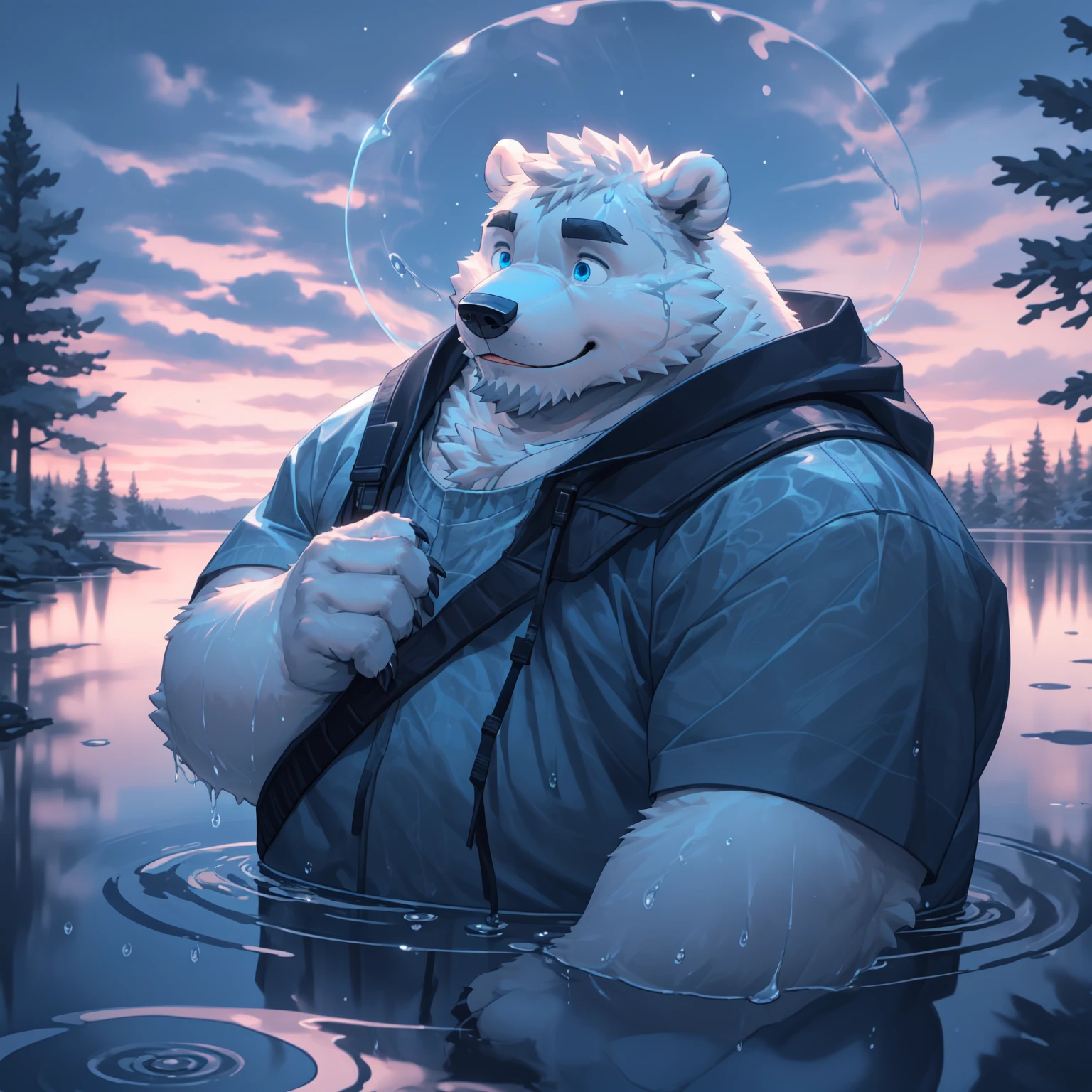 New Jersey 5 Furry，polar bear，Exquisite，Solitary，Chubby，Fat，Thick arms，Rugged muscles，White plush fur，Chubby脸，Black eyebrows，Sky blue eyes，Beard，absurd, Detailed background, lake, dawn, Detailed forest, cloud, Mysterious and romantic atmosphere, caustics(refraction, polarization)Perfect anatomical structure(Handsome 1boy, Solitary，front Photo，single, Beast field, Focus only)Volumetric Lighting, Wet clothes, Water Drop(Furry personification)(Very fine body hair)whole body, Soft and delicate tones, Drama,Smile