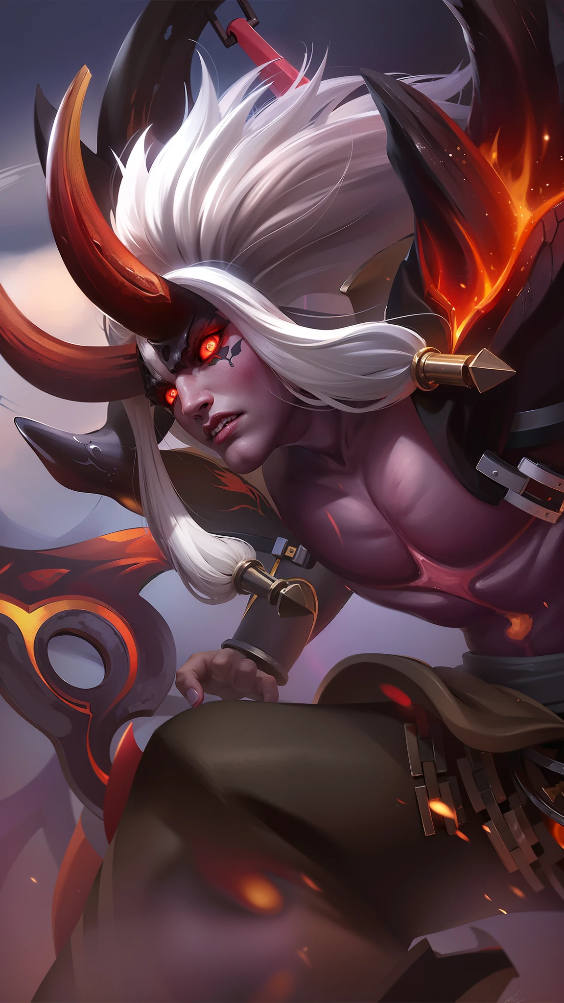 8k quality, a man with a sword in her hand, Masterpiece, ultra HD, detailed all picture, a close up of a devil, dyrroth from mobile legend, evil, extremely detailed artgerm, mobile legends character, inspired by Dyrroth, Six pack chest and abs, black jewel above the chest, light red eyes.