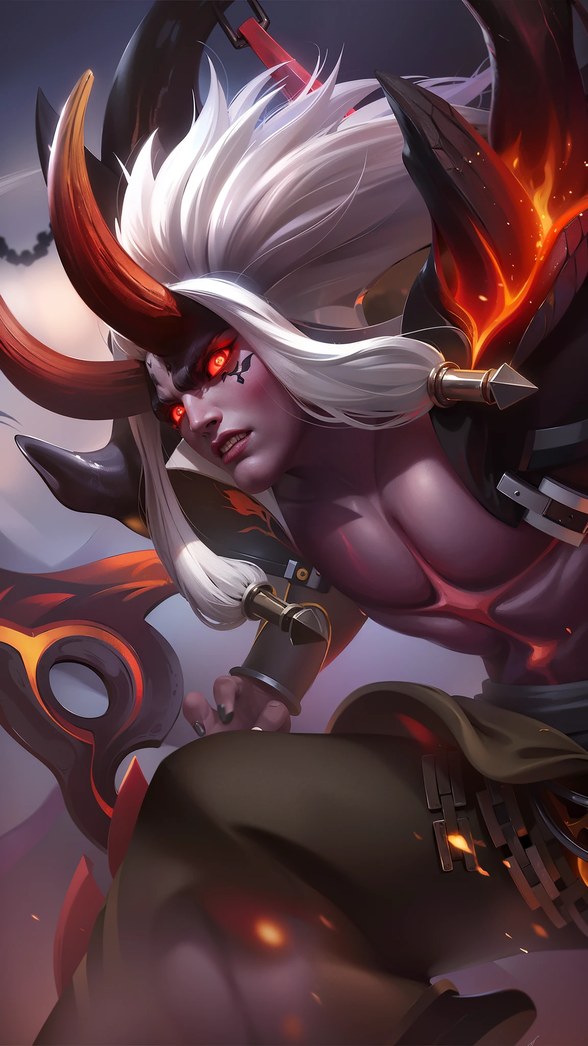 8k quality, a man with a sword in her hand, Masterpiece, ultra HD, detailed all picture, a close up of a devil, dyrroth from mobile legend, evil, extremely detailed artgerm, mobile legends character, inspired by Dyrroth, Six pack chest and abs, black jewel above the chest, light red eyes, angry.