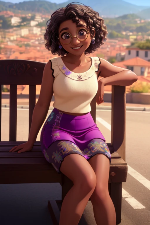 Mirabel Madrigal,  glasses, smile, ((Sleeveless sweater)), market background, (((pencil skirt))), (((dark skin))), detailed skin, PERFECT LEGS, A perfect hips, over low view, skirt lift, upskirt view, panties, cameltoe, spread legs, sitting on a bench 