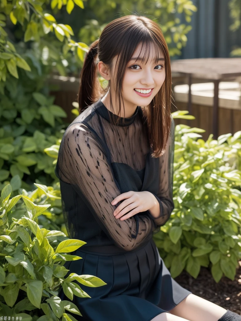 ((masterpiece))、Tabletop, highest quality, Photorealistic, In detail, High resolution, 8k wallpaper, Perfect dynamic composition, Beautiful fine details, ponytail, (See-through clothing,skirt,Knee-high)、garden、Laughter、Open your mouth、24-years-old、(Beautiful Eyes 1.4)、Adult Beauty、Japanese、model、
