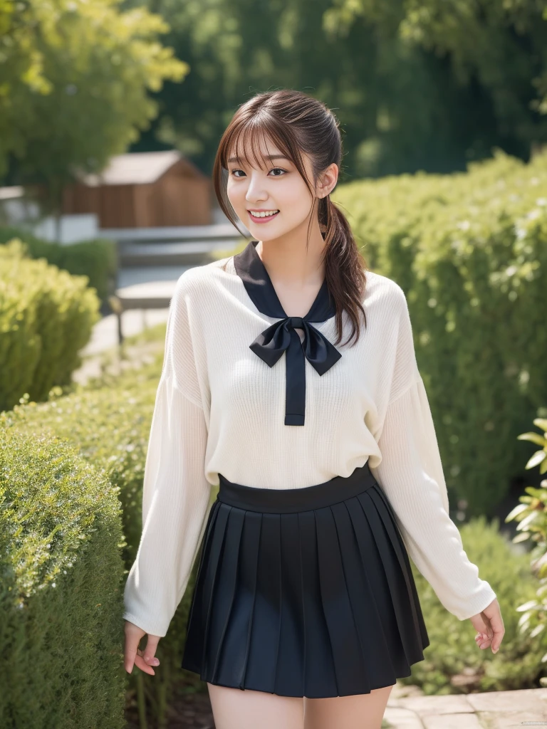 ((masterpiece))、Tabletop, highest quality, Photorealistic, In detail, High resolution, 8k wallpaper, Perfect dynamic composition, Beautiful fine details, ponytail, (See-through clothing,skirt,Knee-high)、garden、Laughter、Open your mouth、24-years-old、(Beautiful Eyes 1.4)、Adult Beauty、Japanese、model、