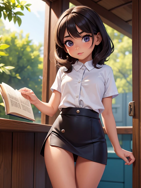 Ultra realistic , girl, defined, detailed, HD, tez morena, piel tostada, ojos definidos, ojos cafe intenso, long eyelashes, small mouth, kiss, pelo liso, pelo oscuro, cuerpo reducido, bosom barely contained, pechos medianos, sexy, posando foto, estudio, mini skirt, sin sosten, excitada, pezones erectos, libros, sentada, leyendo, nice view, perfect legs, perfect hands, perfect fingers, perfect face, pretty, pose lasciva, pervertida