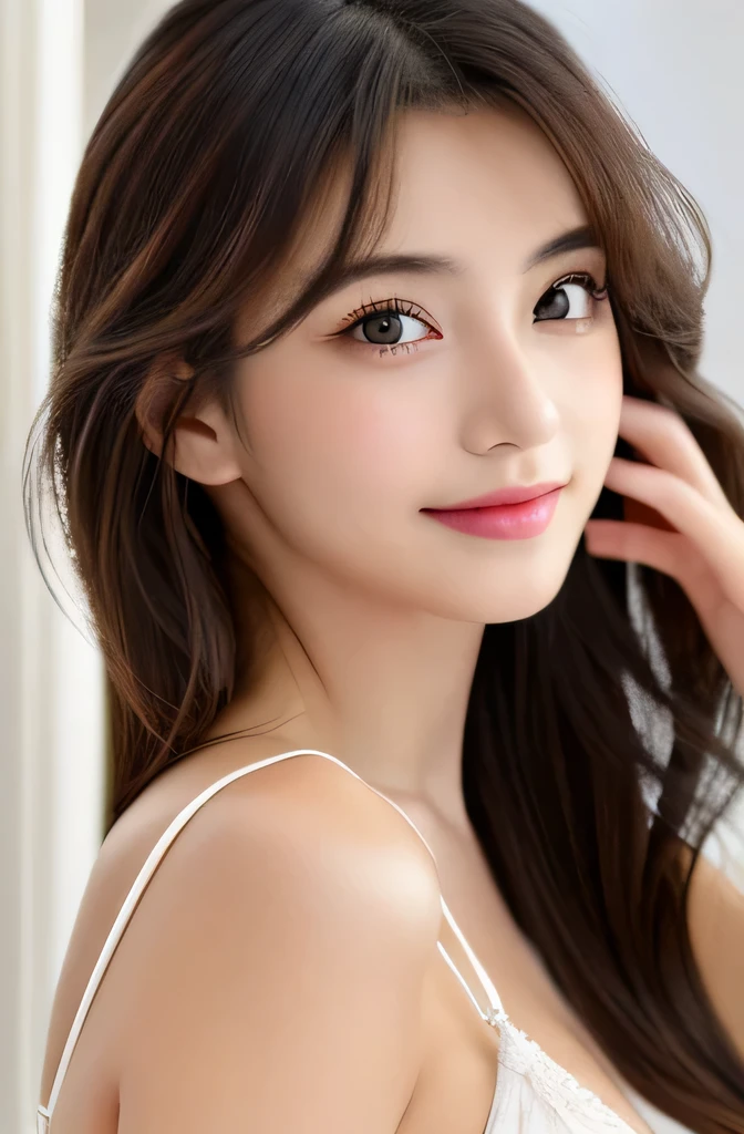(((8k,Attention to detail,Attention to detail、highest quality,masterpiece,Attention to detail,alone))),RAW Photos & Realistic atmosphere,Beautiful dark eyes,Mouth Details,Glossy Lips,Thin eyebrows,beautiful Eyes、Soft white skin that shines in every detail、Her deep black eyes are very beautiful,Lip details、Very beautiful face,Very beautiful face、Lively Faces,beautiful, Glowing Lips,beautiful Eyebrows,Infinite Reality, Realistic Young Gravure Idol,Very cute woman , Young Gravure Idol, Young Gravure Idol, とても美しくてかわいいbeautiful 21 year old beauty,Incredibly beautiful and elegant,beautiful 21 year old beauty,Natural soft light,(Shiny Hair,,beautiful and kind eyes:1.5),A kind smile,Shapely breasts,Medium Long Hair,Tying up hair,beautiful posture,No makeup,Watching the Future,Red Shirt,(((don't raise your hand))),