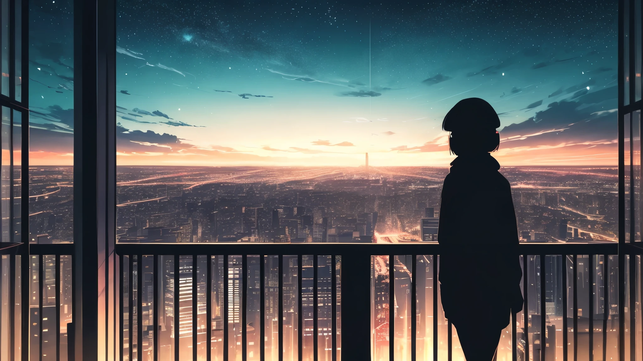 anime,silhouette,1girl, star (sky), cloud, headphone、big window 、cityscape, building, city, outdoors, skyscraper, city lights, night, night sky, sunset, skyline