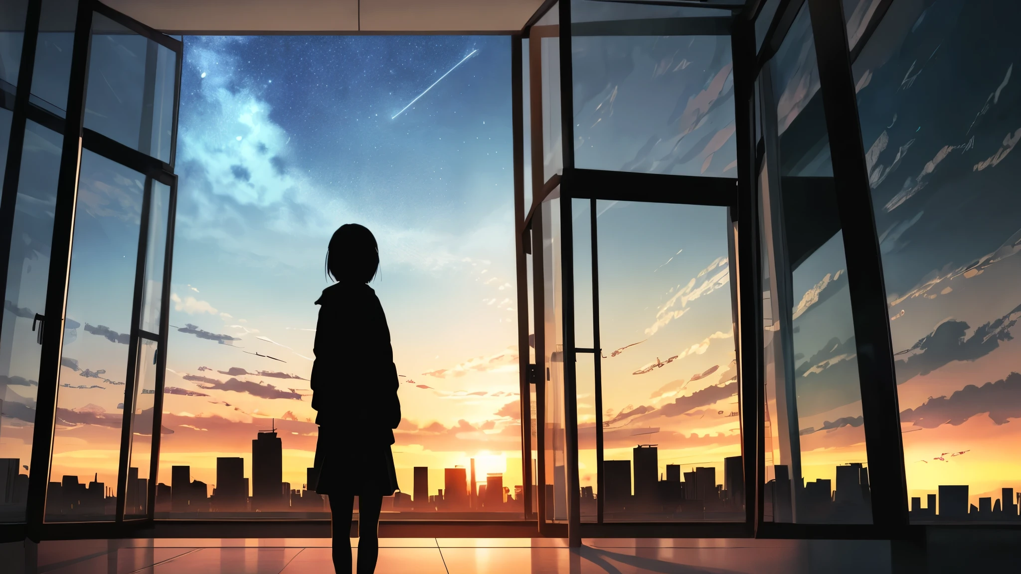 anime,silhouette,1girl, star (sky), cloud, headphone、big window 、cityscape, building, city, outdoors, skyscraper, city lights, night, night sky, sunset, skyline