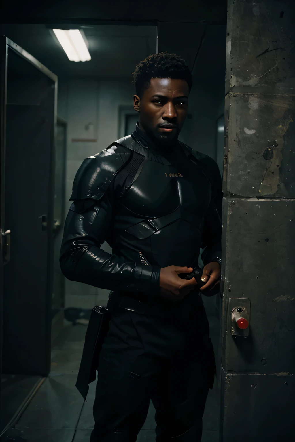 Handcuffed, a handsome black male god, a strong prisoner with short dark hair, wearing the remains of tattered futuristic super spy stealth suit, held captive in a spooky dark cell with monstrous guards in the backgroundl, resolution 8k, insanely detailed