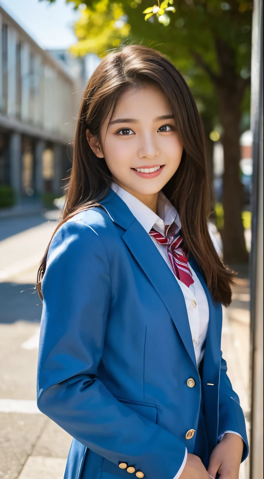 (highest quality,8K quality,masterpiece:1.3),(Ultra-high resolution,Photorealistic:1.4,RAW Photos),(Very detailed,Caustics,Detailed Background),(Ultra-Realistic Capture,Beautiful and detailed skin,Perfect Anatomy),high school student、School building,Schoolyard,18-year-old,cute,single eyelid,School Blazer Uniform,Looking at the camera,Laughter,Bust up shot,Natural soft light