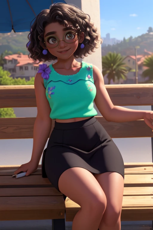 Mirabel Madrigal,  glasses, smile, ((Sleeveless sweater)), market background, (((pencil skirt))), (((dark skin))), detailed skin, PERFECT LEGS, tiny hips, skirt lift, upskirt, panties, cameltoe, spread legs, sitting on a bench 