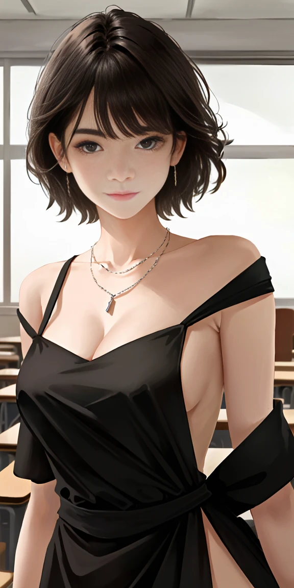 ((Beautiful Face)), Very delicate face,Creamy and smooth skin,masterpiece, 1 girl, highest quality, Ultra-high resolution, (Realistic:1.4),full_body,,Let me shine gently,Great scene lighting,(In the classroom), ((black off shoulder dress)),Looking at the audience,necklace