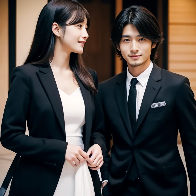A handsome 27-year-old Japanese man in a black suit and a beautiful woman