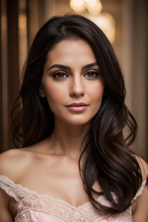 Portrait of Indian most beautiful and attractive woman in her 30s as a beautiful female model, beautiful face, [[Long Brunette Shag with Subtle Highlights]] Her dark hair falls in loose waves around her face, dramatic lighting, trending on art-station, portrait, digital art, modern, sleek, highly detailed, formal, determined, pink liner lipstick, soft lips, black eyes, happy, nacked