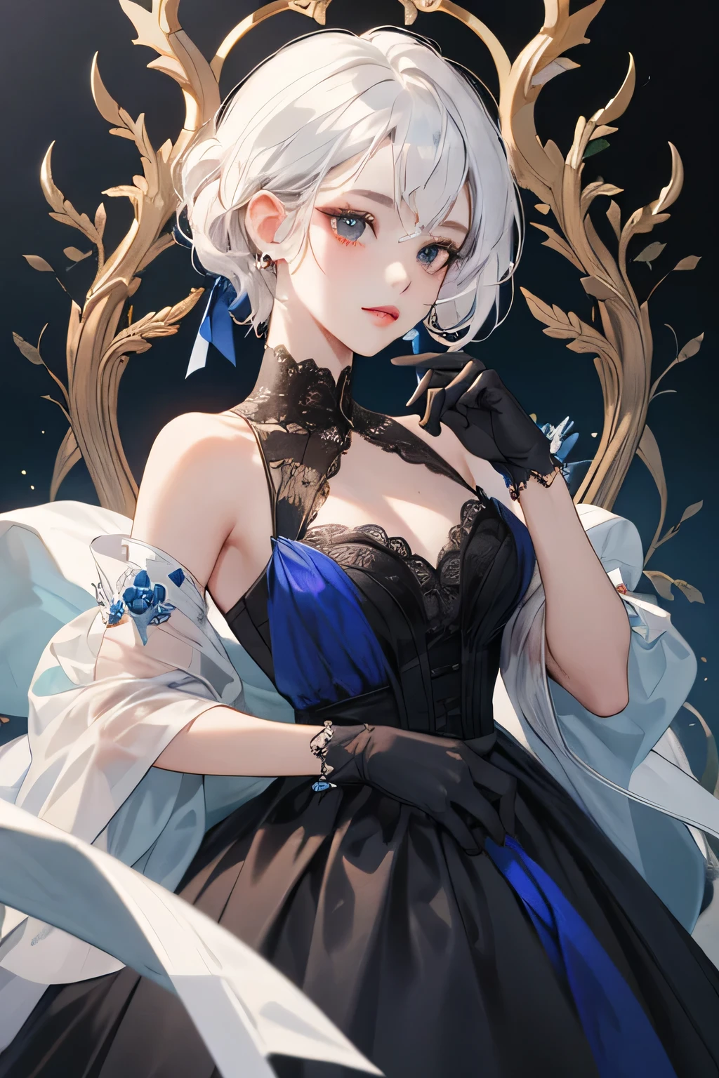 Empress, old girl, girl, 1 girl, beautyfull, elegant, shine, depicting Equal eyes, (A female god) Look at camera, depicting delicate facial features, blue yunani romawi dress, red gloves, gothic style, ribbon, short curl white hair, extreme detail, delicate depiction, black eyes, royal, elegant, noble, royal dress, black eyes, black eyes, perfect eyes, jewerlly