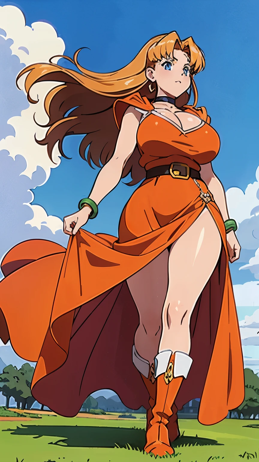 masterpiece,highest quality,High resolution,Super detailed,bianca \(dq5\),blue eyes,long hair,single blade,earrings,choker,orange cloak,green dress,bracelet,belt,boots,(wind lift:1.2),blush,(embarrassing:1.2),outdoor,castle garden,dance, gigantic breasts, curvy body, sfw, 1990's anime cels style,
