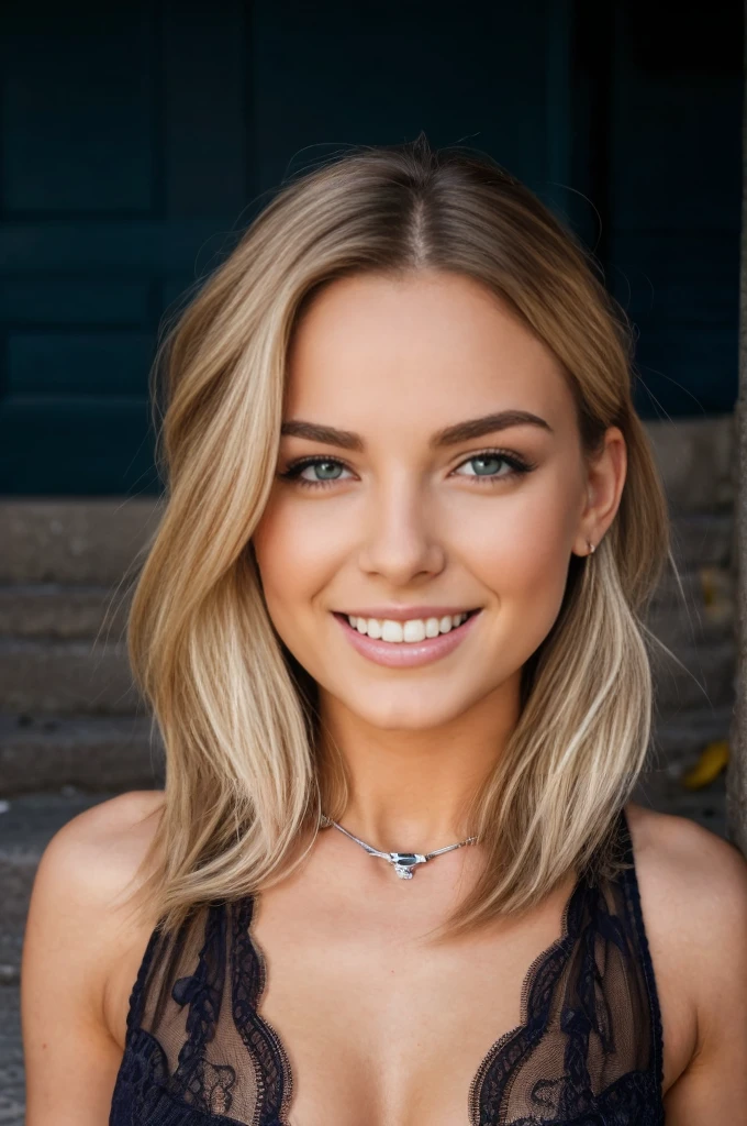22 year old white female, Hair color is platinum blonde, blue eyes, long hair, straight hair, accessories on wrist, wearing a choker, skin is smooth, slender but muscular body, My heart is pounding, smile, wearing a plunging neck dress, wearing lace-up sandals, sitting in the middle of the stone steps in the old town. ((blushing)), long straight lift hair, dynamic pose, modelshoot: photoshoot, HD, high contrast, sharp image, mastery, mouth closed, balanced eyes, CG render, small skull, clavicle detail, (best quality detail: 1.2), realistic, 8K ultra-fine, high-quality texture, fine texture, fine detail, high detail, extremely detailed CG, high-quality shadows, beautiful and delicate eyes, beautiful woman, large breasts, tall.