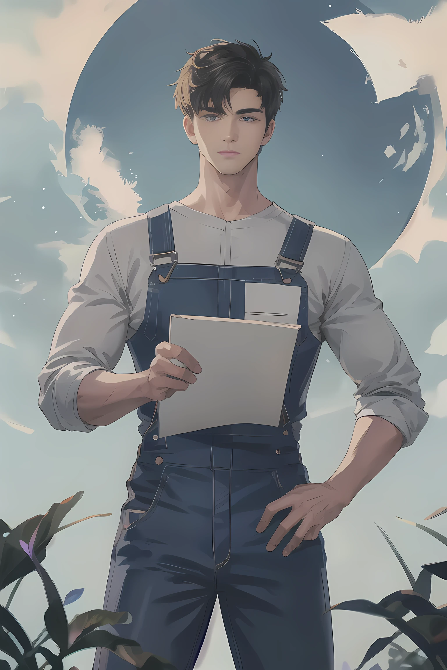 Alone handsome man , moon , overalls 